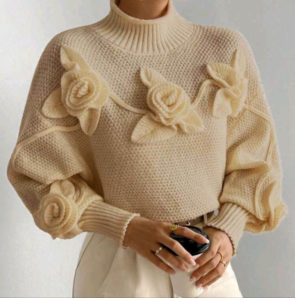 Casual Floral 3D Embroidery Color Blocked Loose High Neck Sweater - Picture 3 of 4